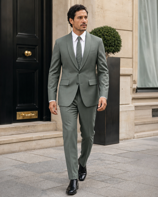 Eucalyptus Green Wool Shawl Lapel Suit - Custom Made to Measure front view