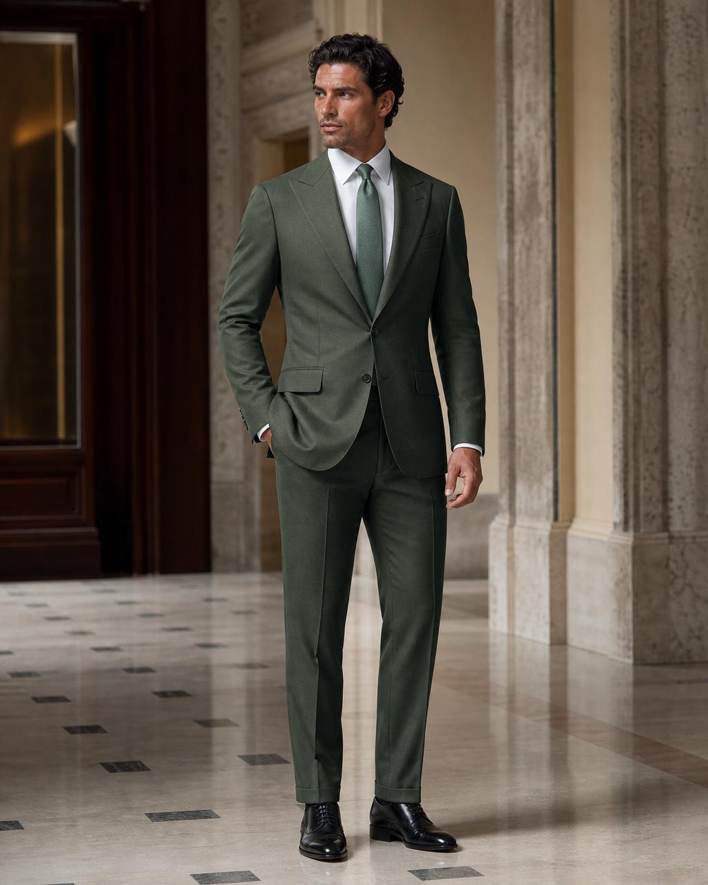 Eucalyptus Green Wool Winter Suit - Custom Made to Measure side back view