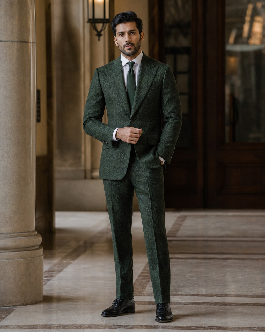 Forest Green Herringbone Winter Suit - Custom Made to Measure front view