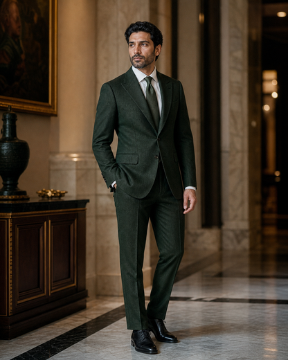Forest Green Herringbone Winter Suit - Custom Made to Measure side back view