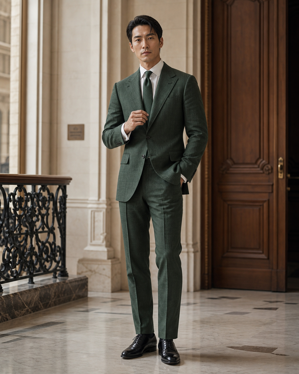 Forest Green Linen Beach Wedding Suit - Custom Made to Measure front view