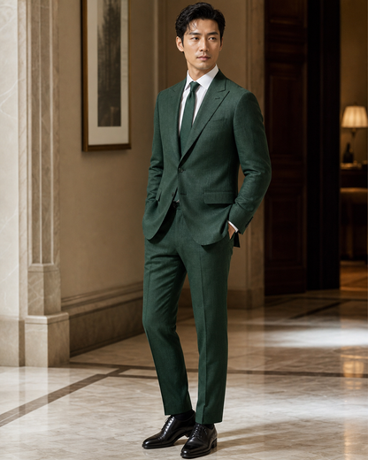 Forest Green Linen Beach Wedding Suit - Custom Made to Measure side back view