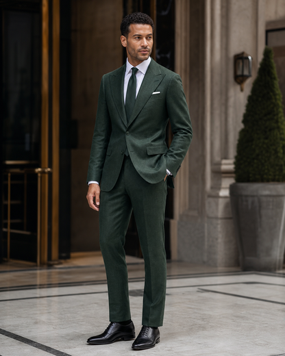Forest Green Linen Outdoor Wedding Suit - Custom Made to Measure side back view
