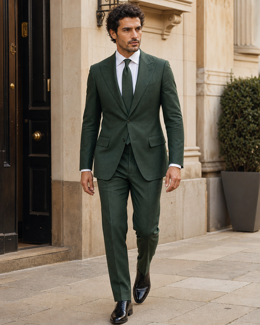 Forest Green Linen Peak Lapel Suit - Custom Made to Measure front view