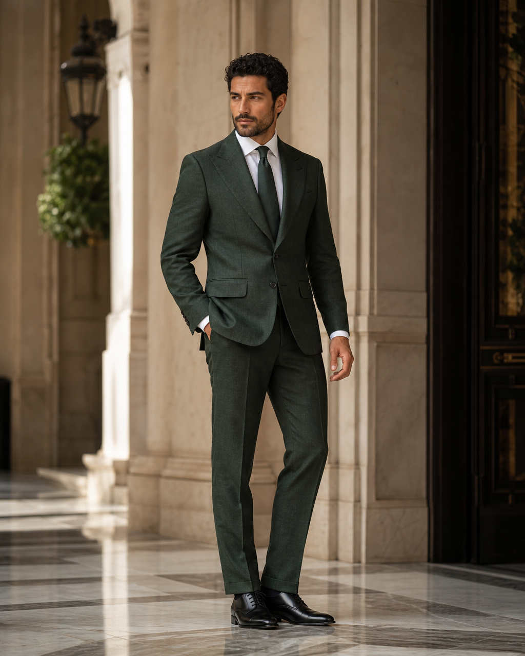 Forest Green Linen Summer Suit - Custom Made to Measure side back view