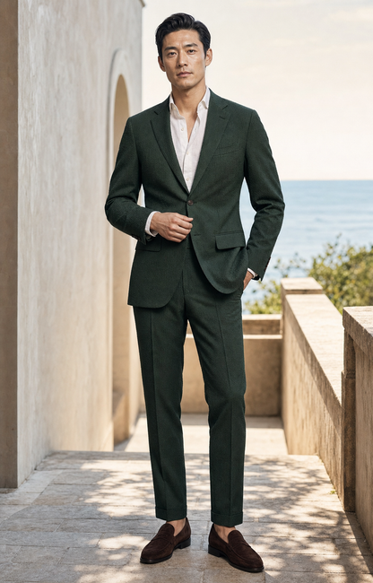 Forest Green Seersucker Beach Wedding Suit - Custom Made to Measure - Front View