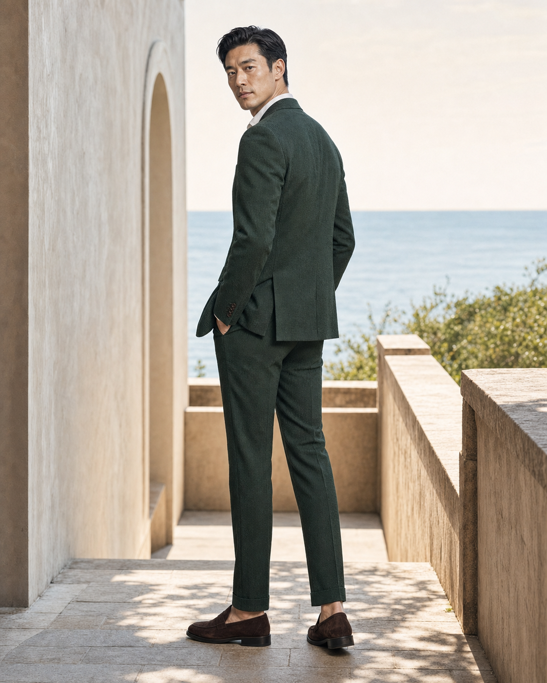 Forest Green Seersucker Beach Wedding Suit - Custom Made to Measure - Side Back View