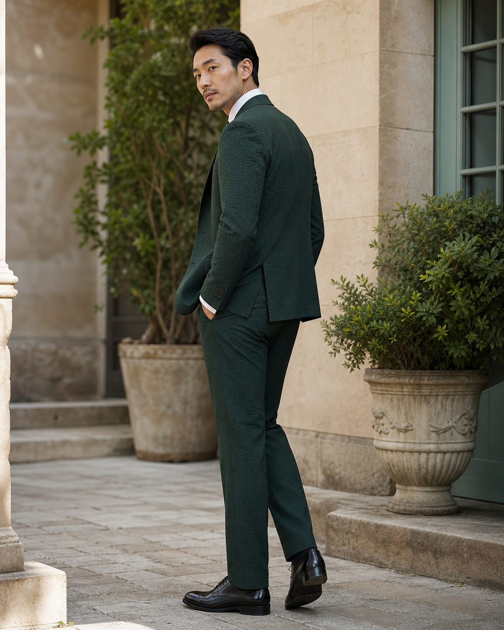Forest Green Seersucker Outdoor Wedding Suit — Custom Made to Measure side back view