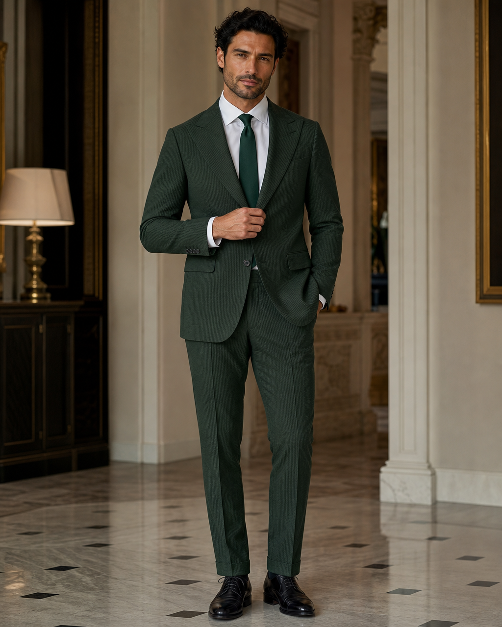 Forest Green Seersucker Summer Suit - Custom Made to Measure front view