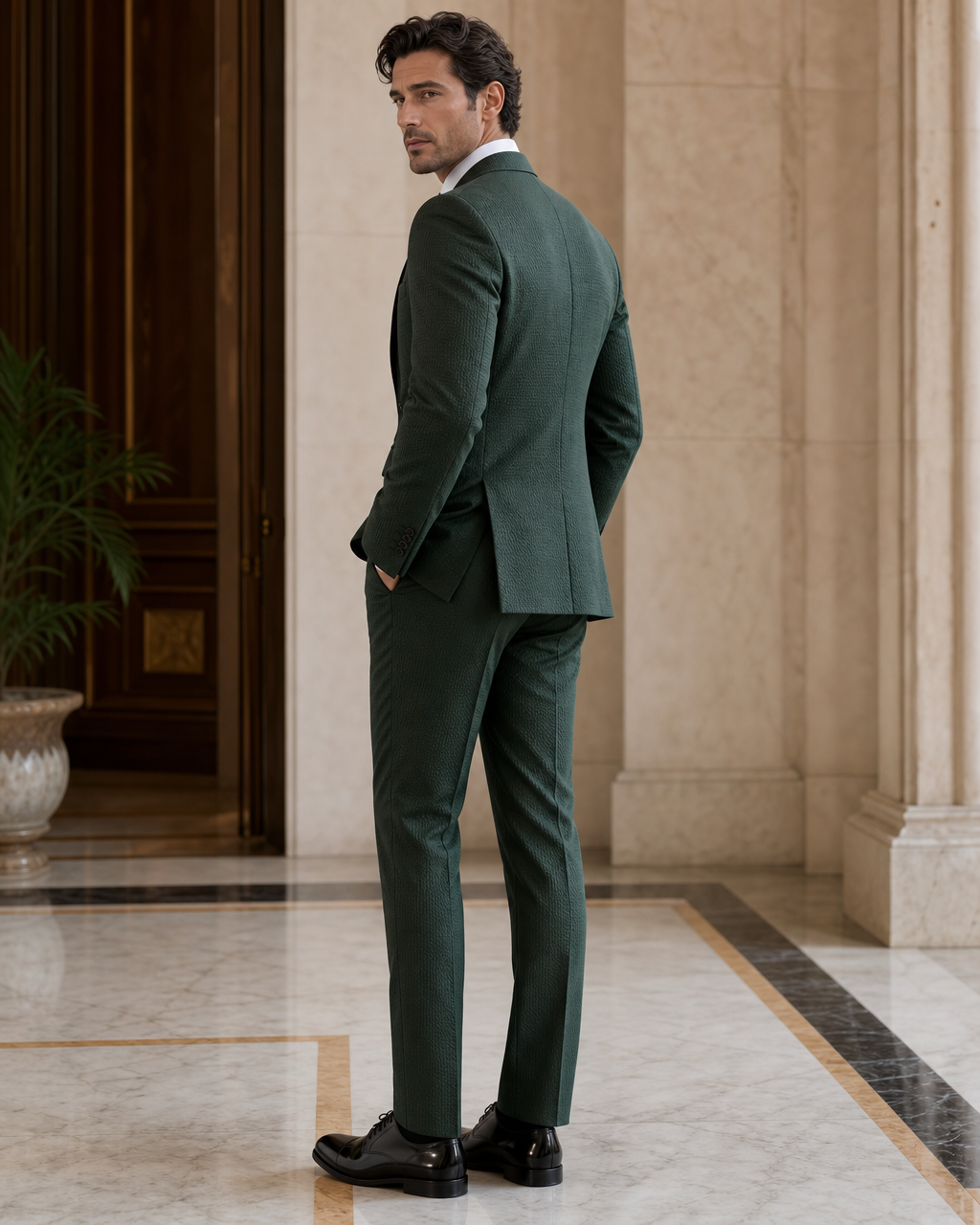 Forest Green Seersucker Summer Suit - Custom Made to Measure side back view