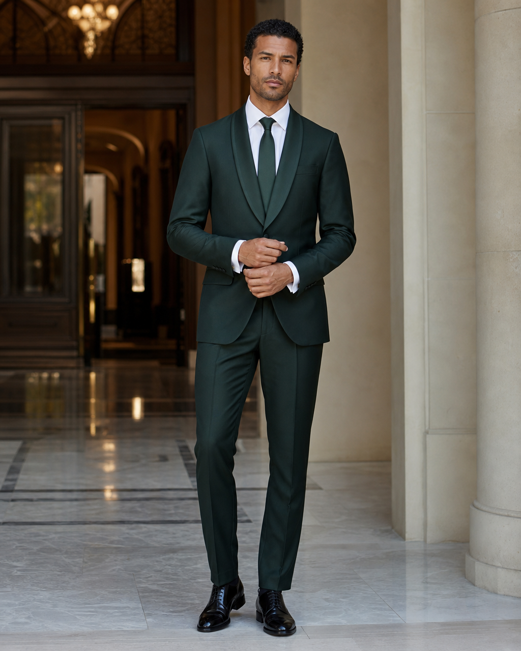 Forest Green Silk Blend Shawl Lapel Suit - Custom Made to Measure front view