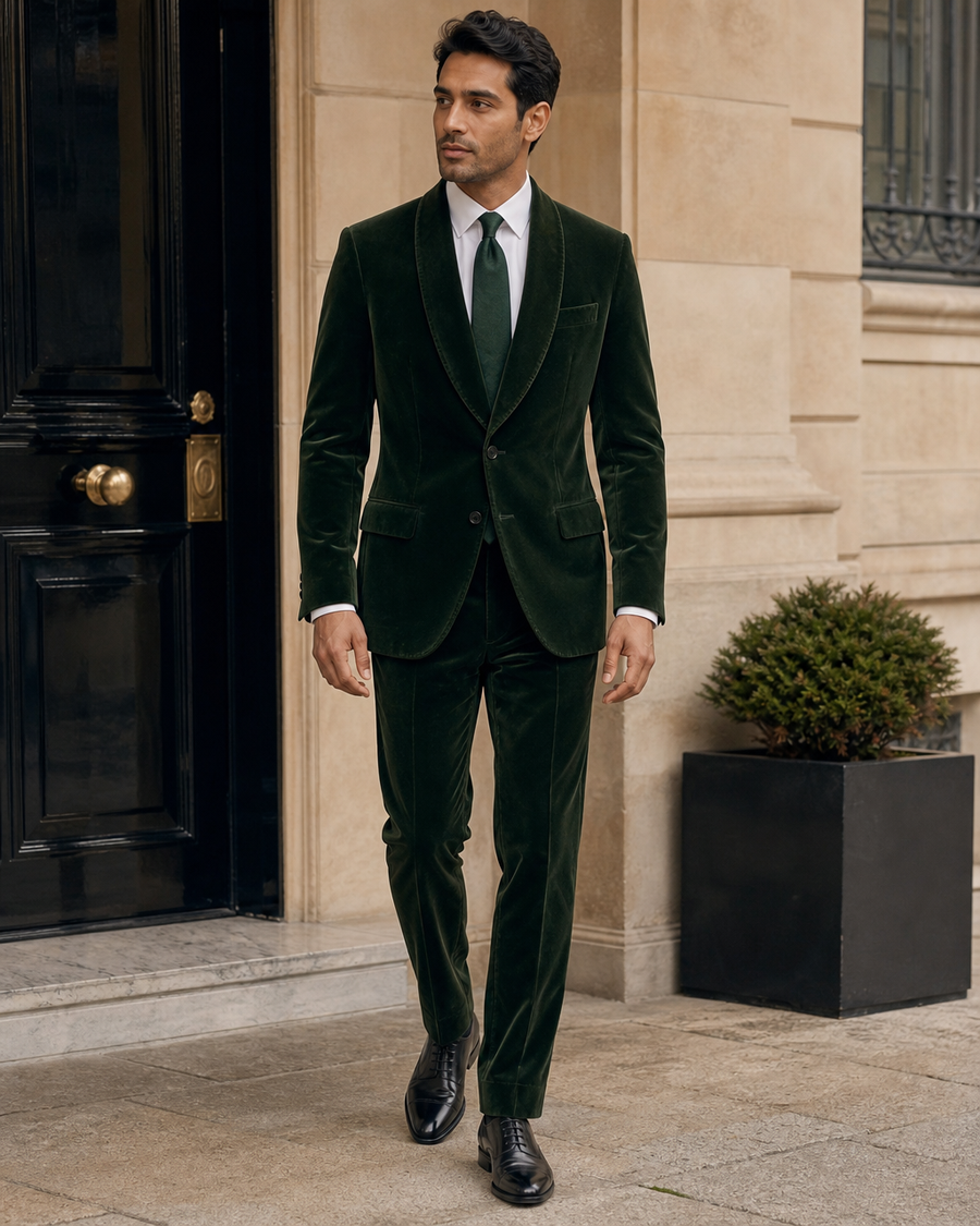Forest Green Velvet Shawl Lapel Suit — Custom Made to Measure