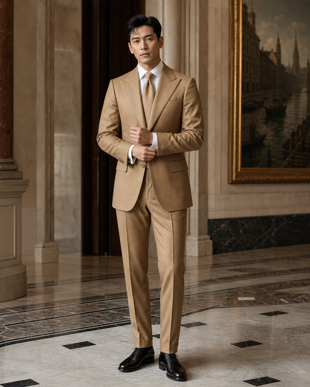 Gold Cashmere Blend Winter Suit - Custom Made to Measure front view