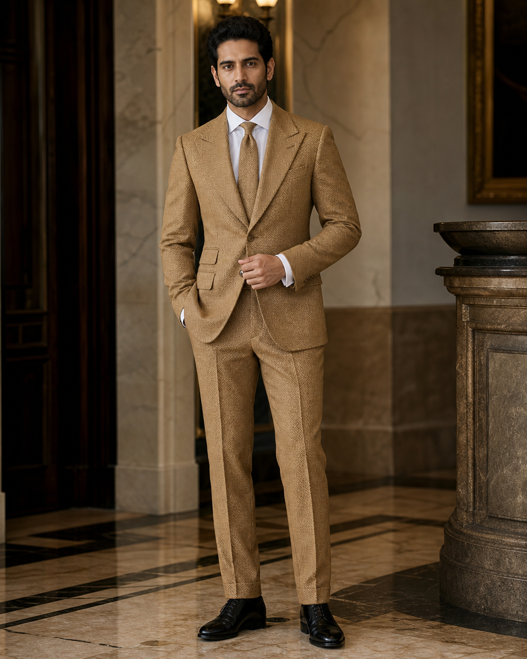 Gold Herringbone Winter Suit - Custom Made to Measure front view