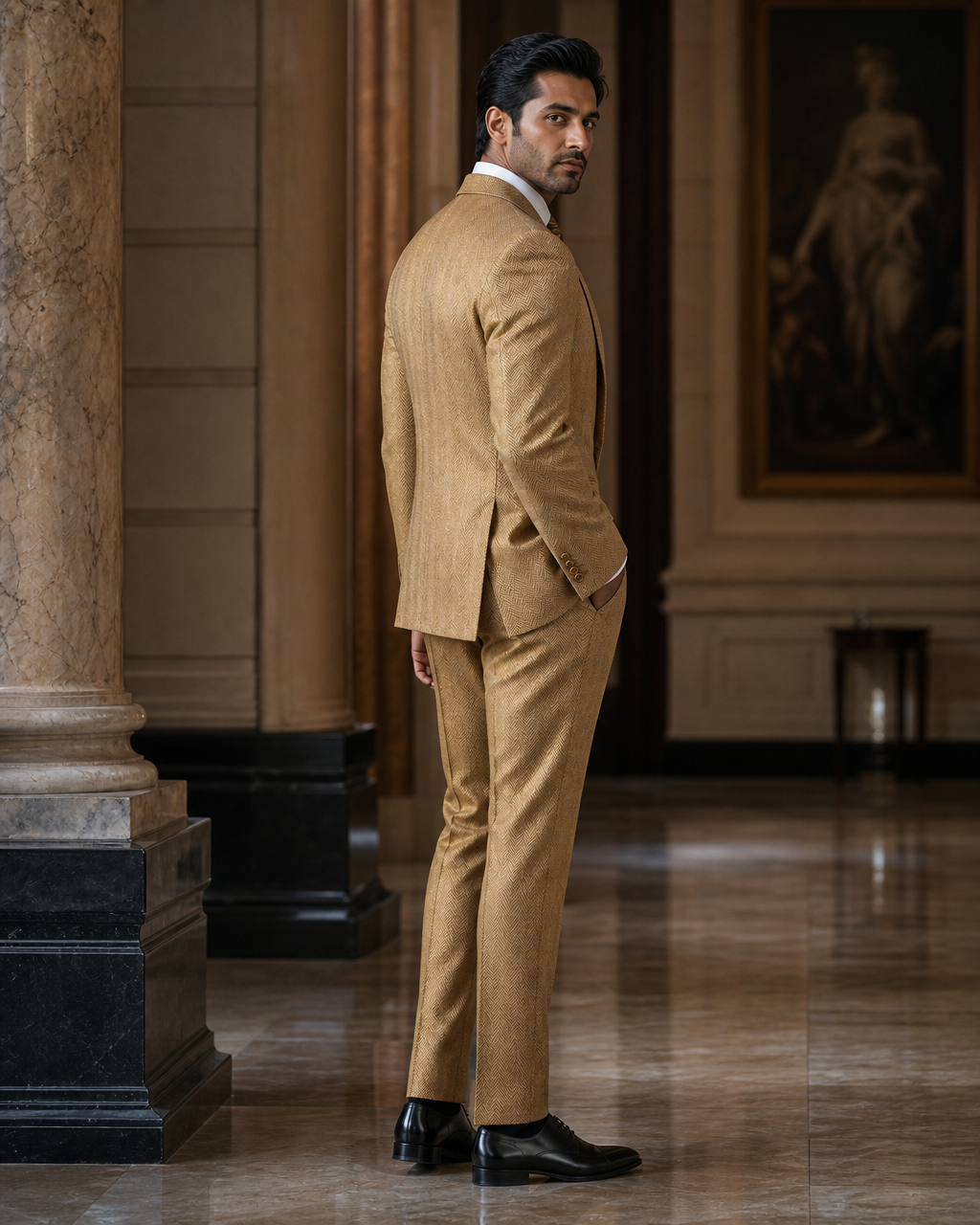 Gold Herringbone Winter Suit - Custom Made to Measure side back view