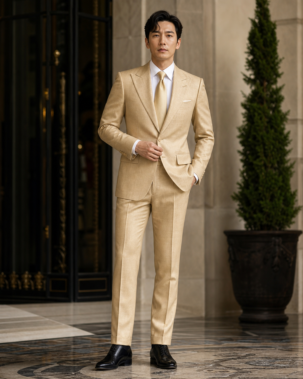 Gold Linen Beach Wedding Suit - Custom Made to Measure front view
