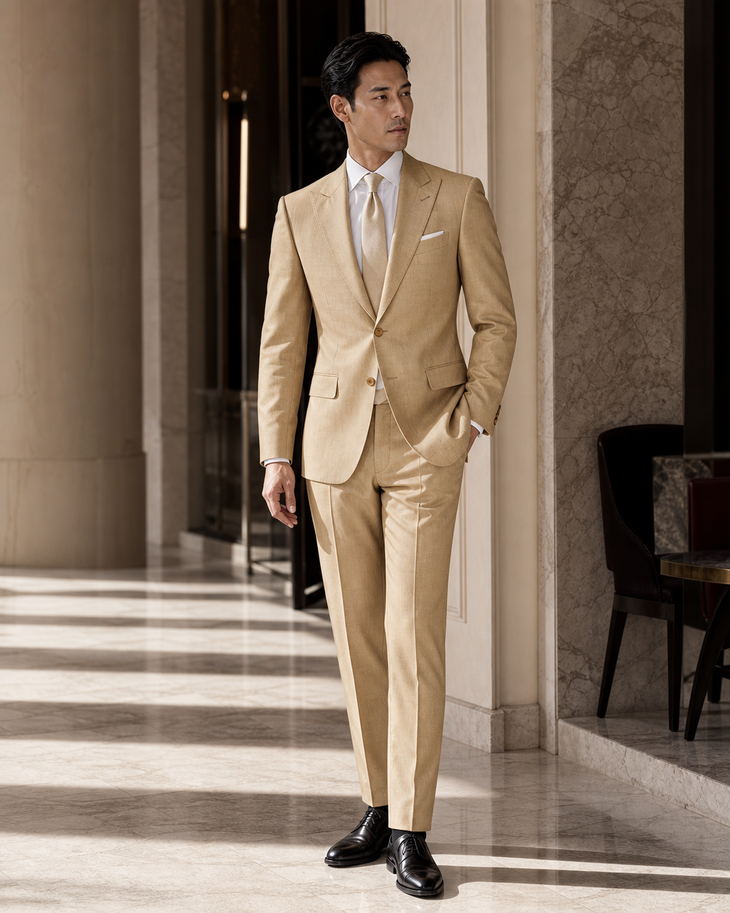 Gold Linen Beach Wedding Suit - Custom Made to Measure side back view