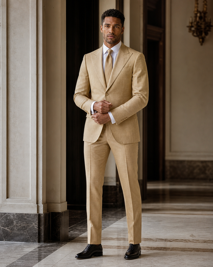 Gold Linen Outdoor Wedding Suit - Custom Made to Measure front view