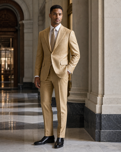 Gold Linen Outdoor Wedding Suit - Custom Made to Measure side back view