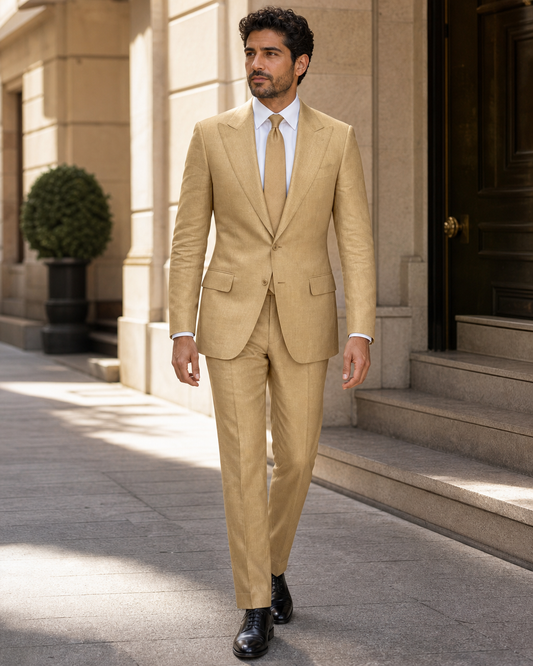 Gold Linen Peak Lapel Suit - Custom Made to Measure front view