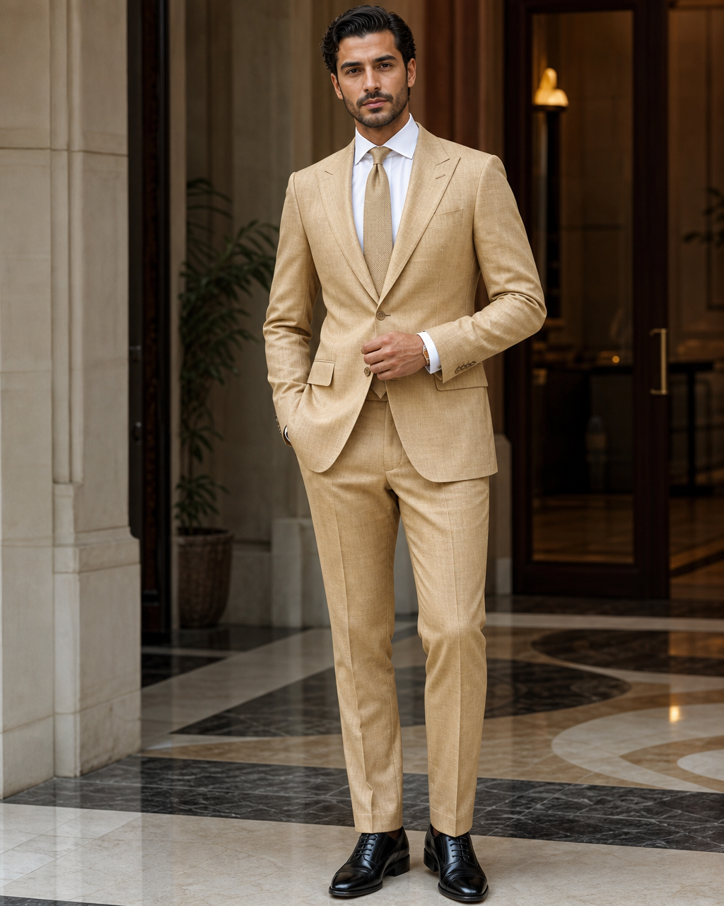 Gold Linen Summer Suit - Custom Made to Measure front view