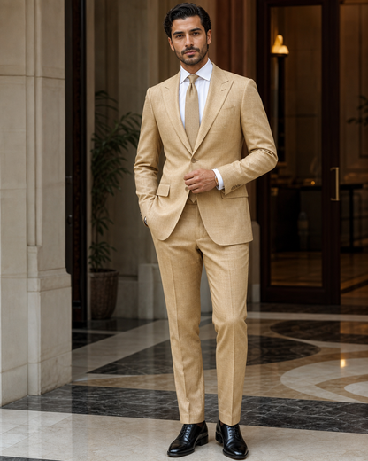 Gold Linen Summer Suit - Custom Made to Measure front view