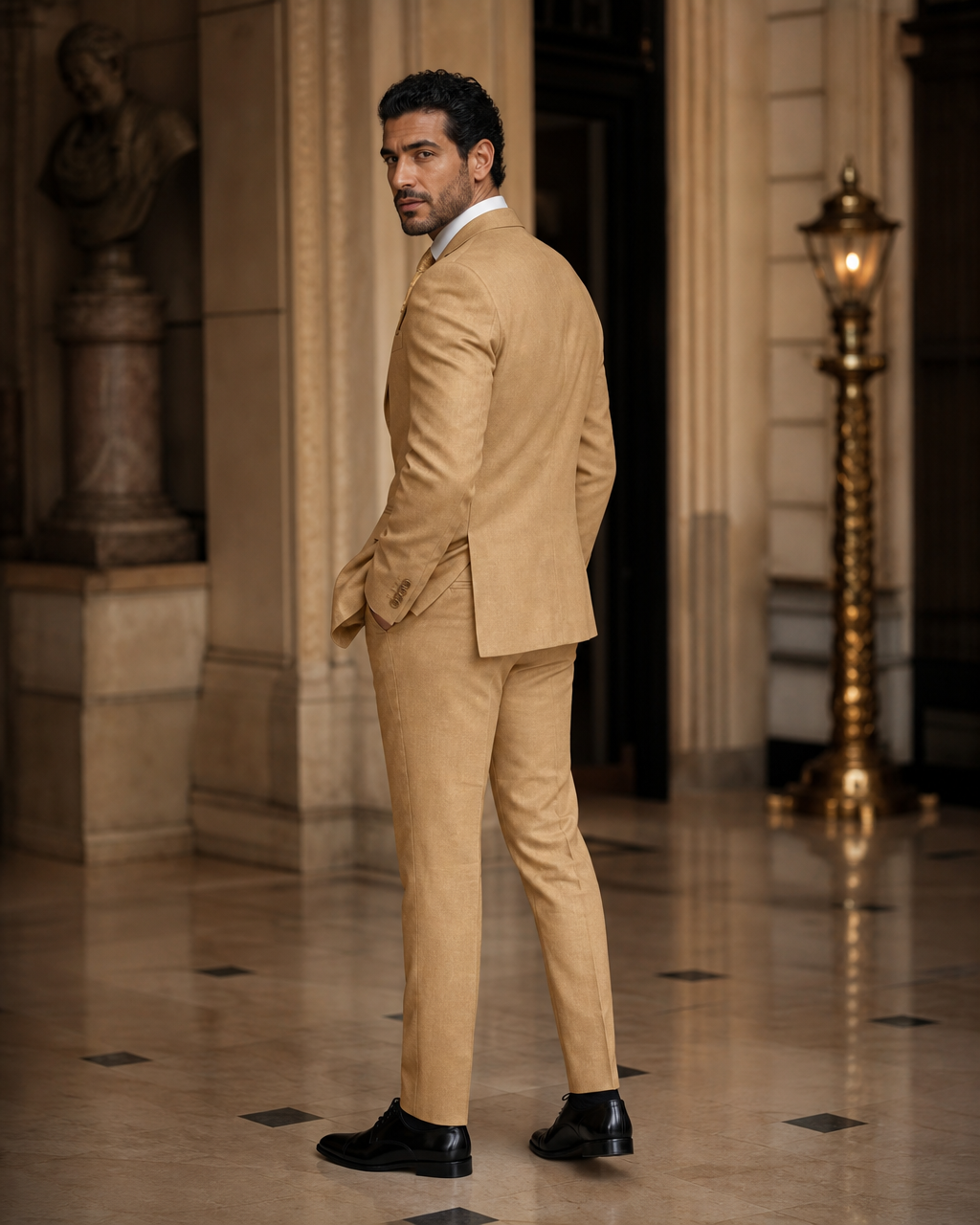 Gold Linen Summer Suit - Custom Made to Measure side back view