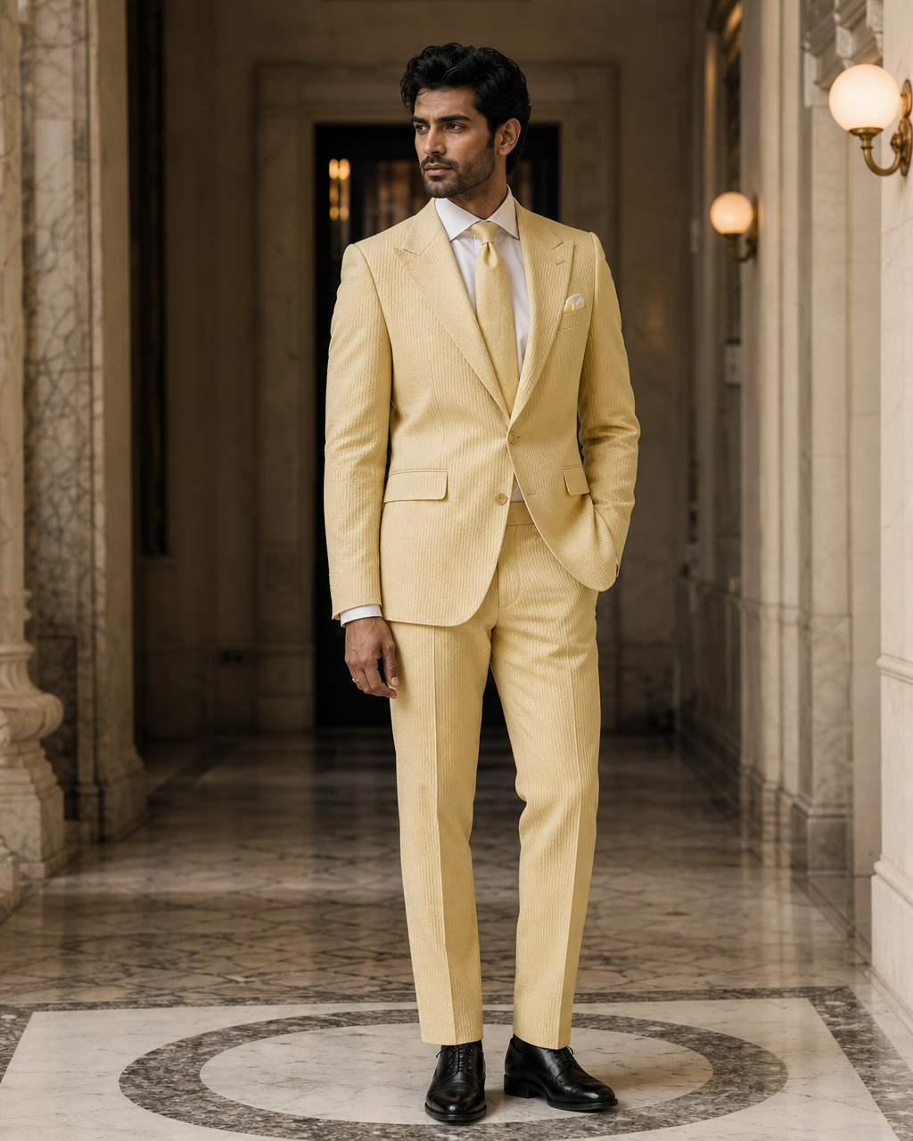 Gold Seersucker Beach Wedding Suit - Custom Made to Measure side back view