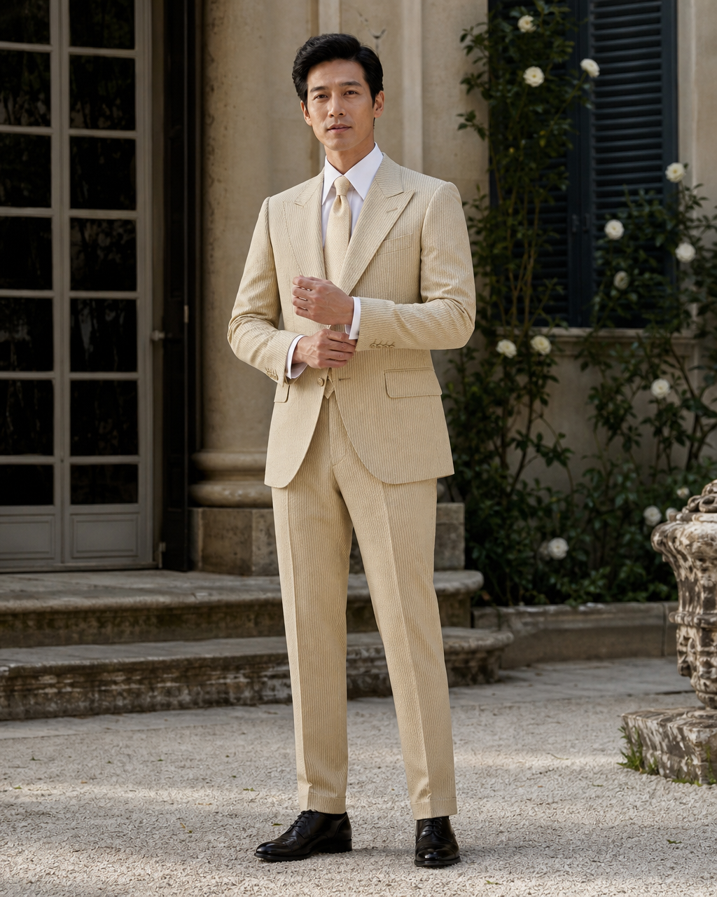 Gold Seersucker Outdoor Wedding Suit — Custom Made to Measure front view
