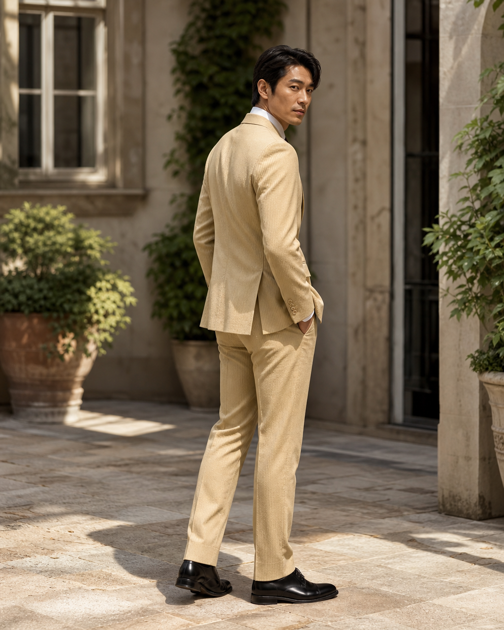 Gold Seersucker Outdoor Wedding Suit — Custom Made to Measure side back view