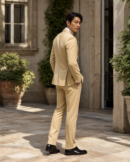 Gold Seersucker Outdoor Wedding Suit — Custom Made to Measure side back view