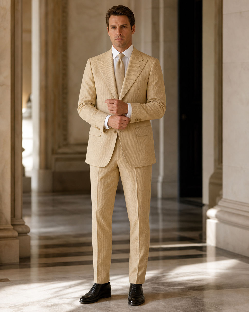 Gold Seersucker Summer Suit - Custom Made to Measure front view
