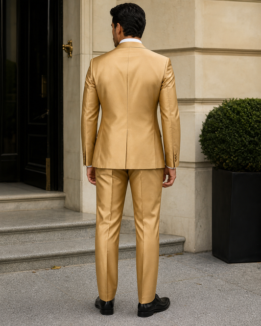 Gold Silk Blend Peak Lapel Suit - Custom Made to Measure back view