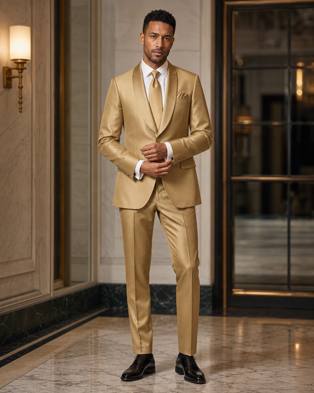 Gold Silk Blend Shawl Lapel Suit - Custom Made to Measure front view