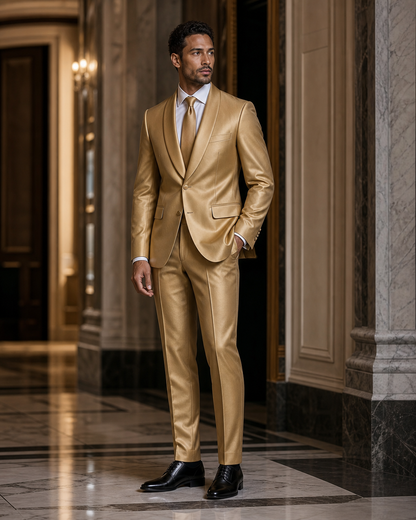 Gold Silk Blend Shawl Lapel Suit - Custom Made to Measure side back view