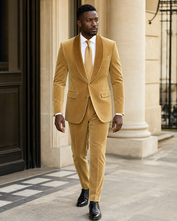 Gold Velvet Shawl Lapel Suit — Custom Made to Measure