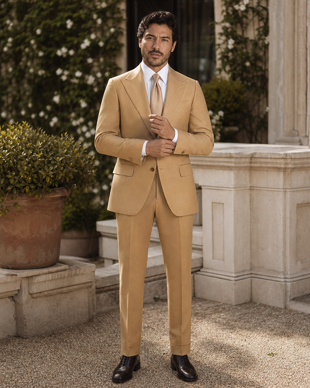 Gold Wool Outdoor Wedding Suit — Custom Made to Measure front view