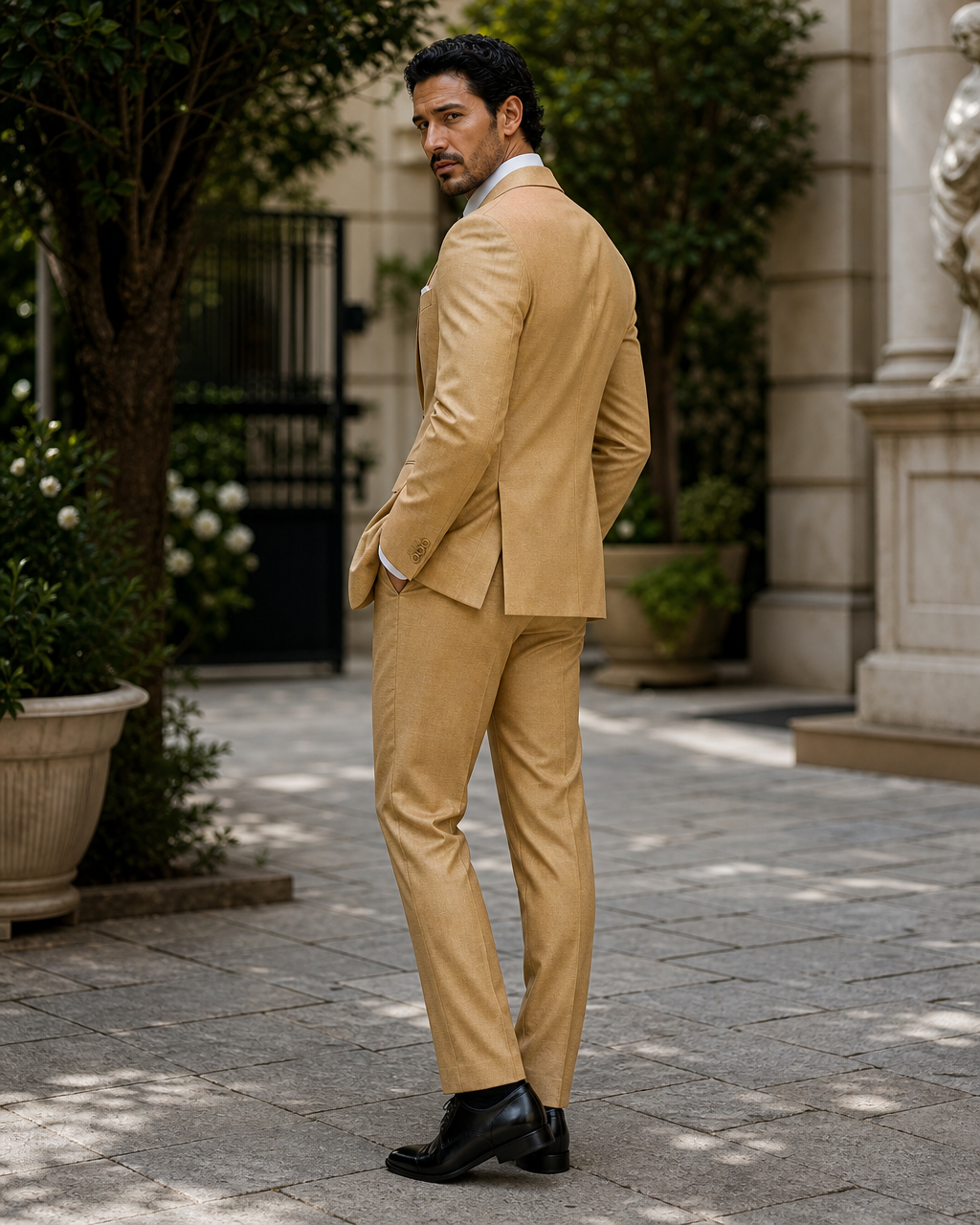 Gold Wool Outdoor Wedding Suit — Custom Made to Measure side back view