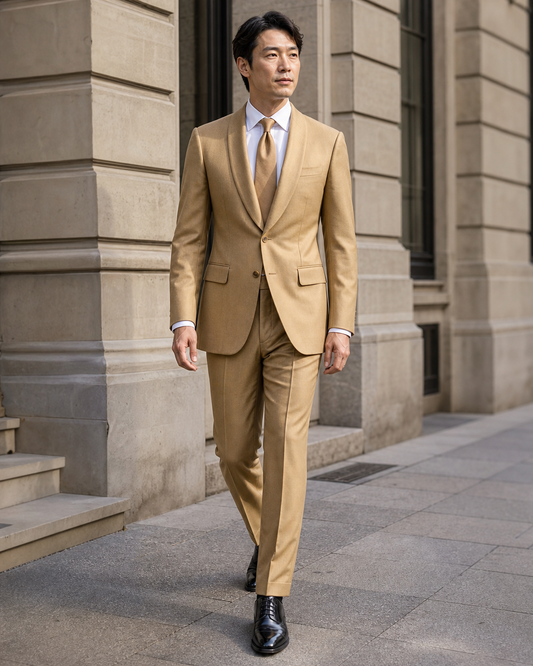 Gold Wool Shawl Lapel Suit - Custom Made to Measure front view