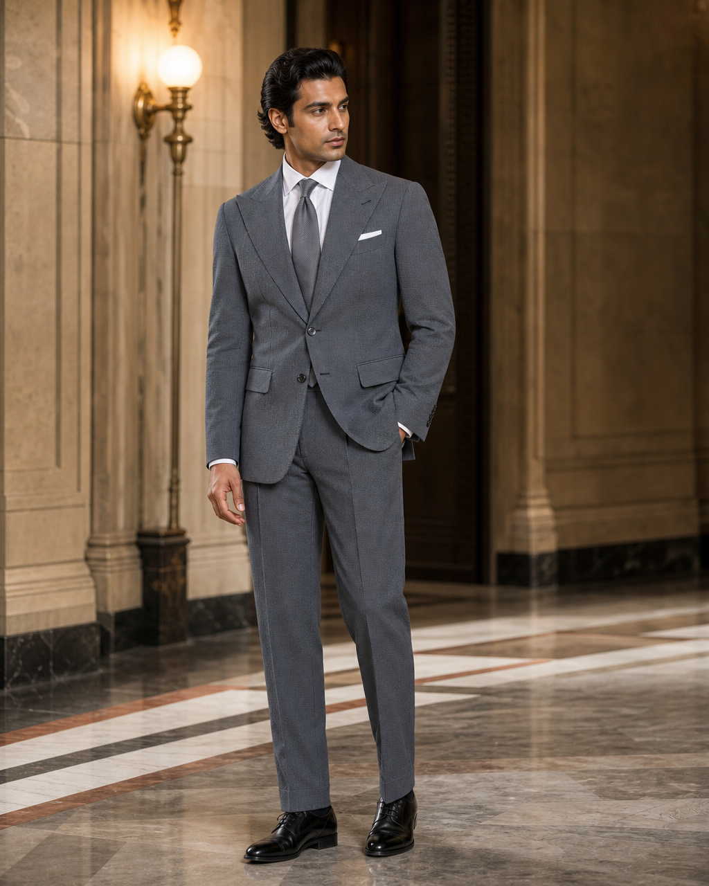 Graphite Gray Seersucker Summer Suit - Custom Made to Measure side back view