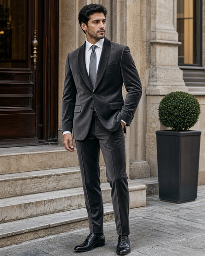 Graphite Gray Velvet Shawl Lapel Suit - Custom Made to Measure fabric texture close up