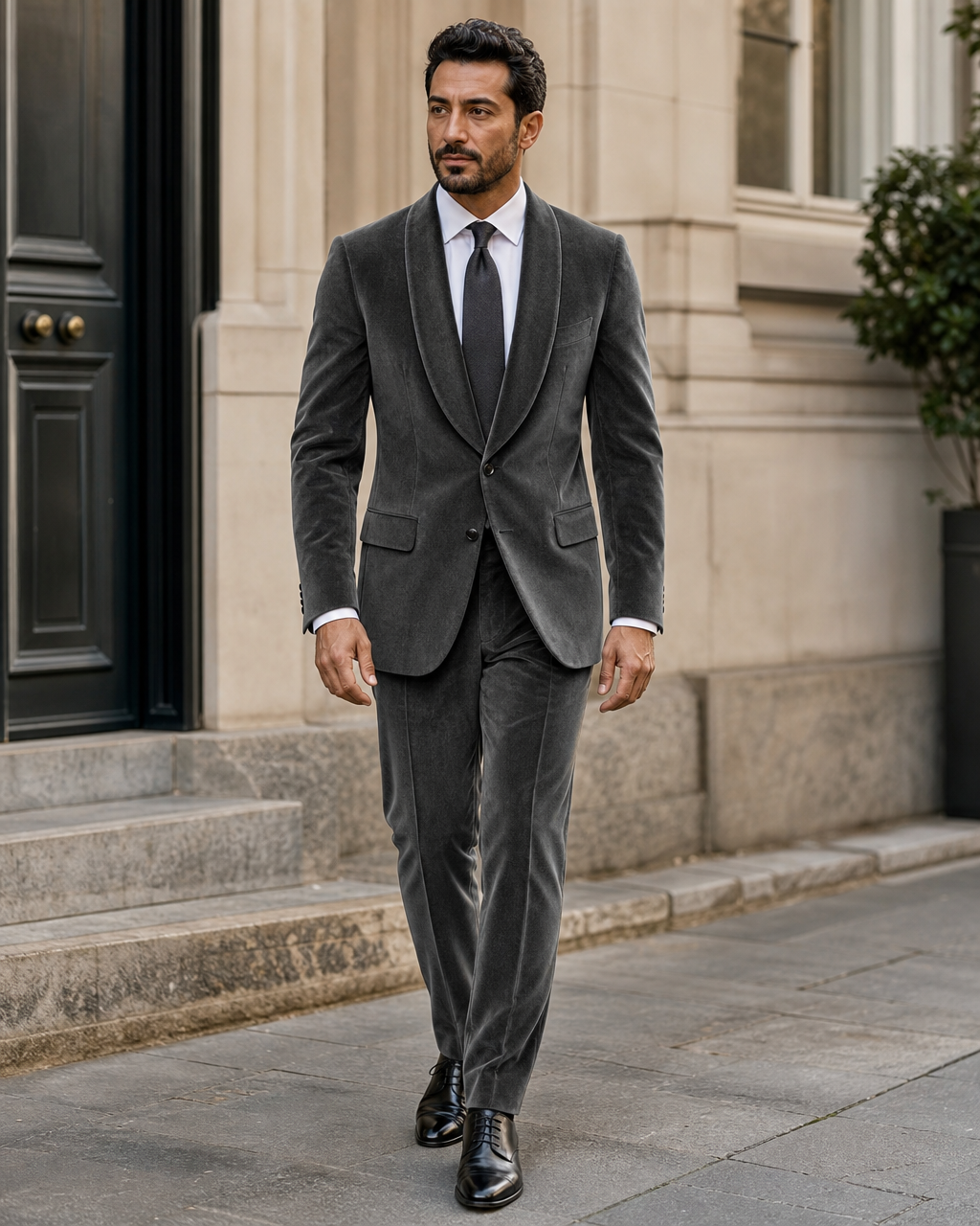 Graphite Gray Velvet Shawl Lapel Suit - Custom Made to Measure front view