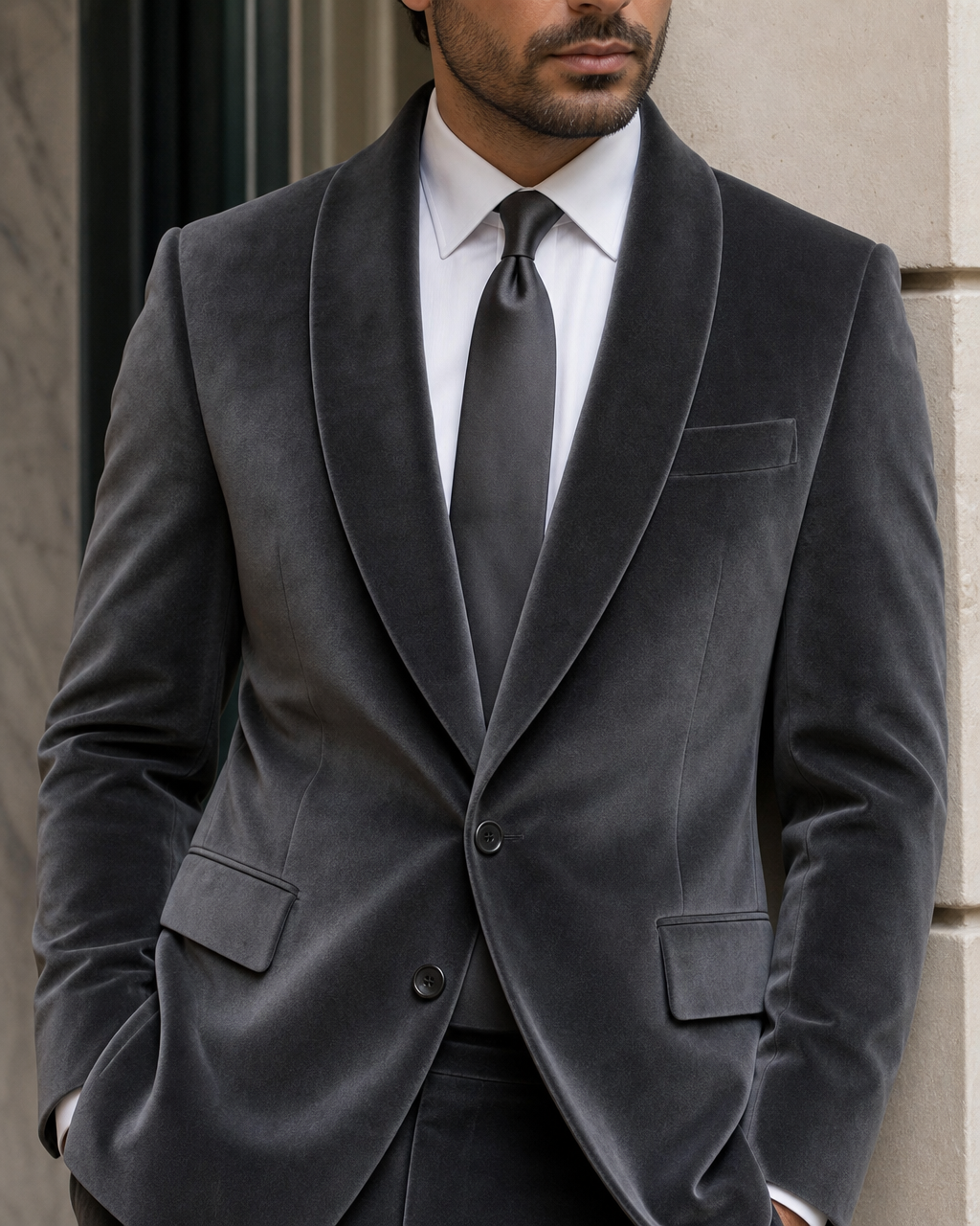 Graphite Gray Velvet Shawl Lapel Suit - Custom Made to Measure lapel chest close up