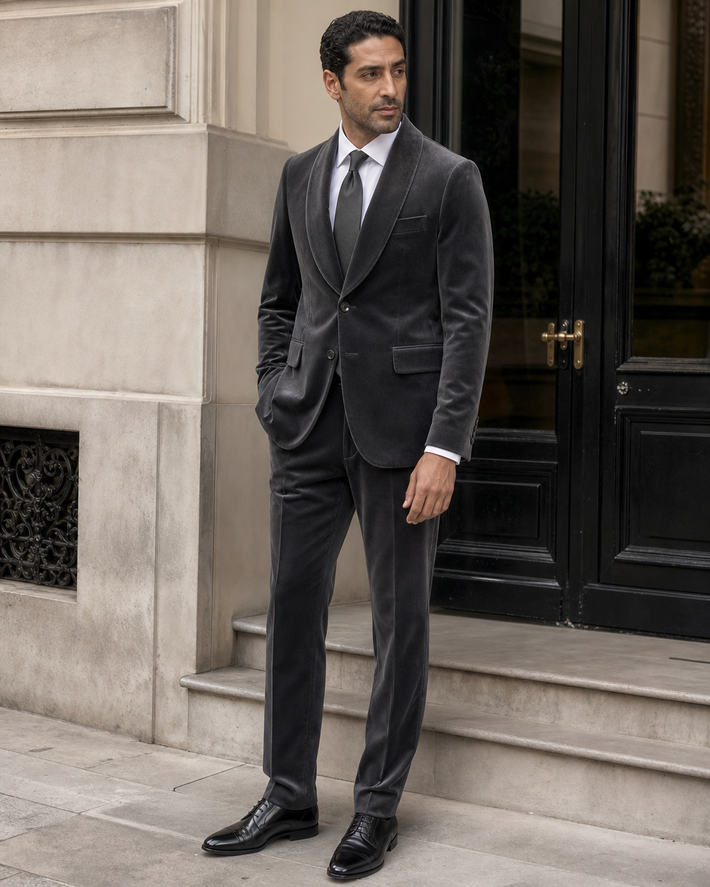 Graphite Gray Velvet Shawl Lapel Suit - Custom Made to Measure side three quarter view