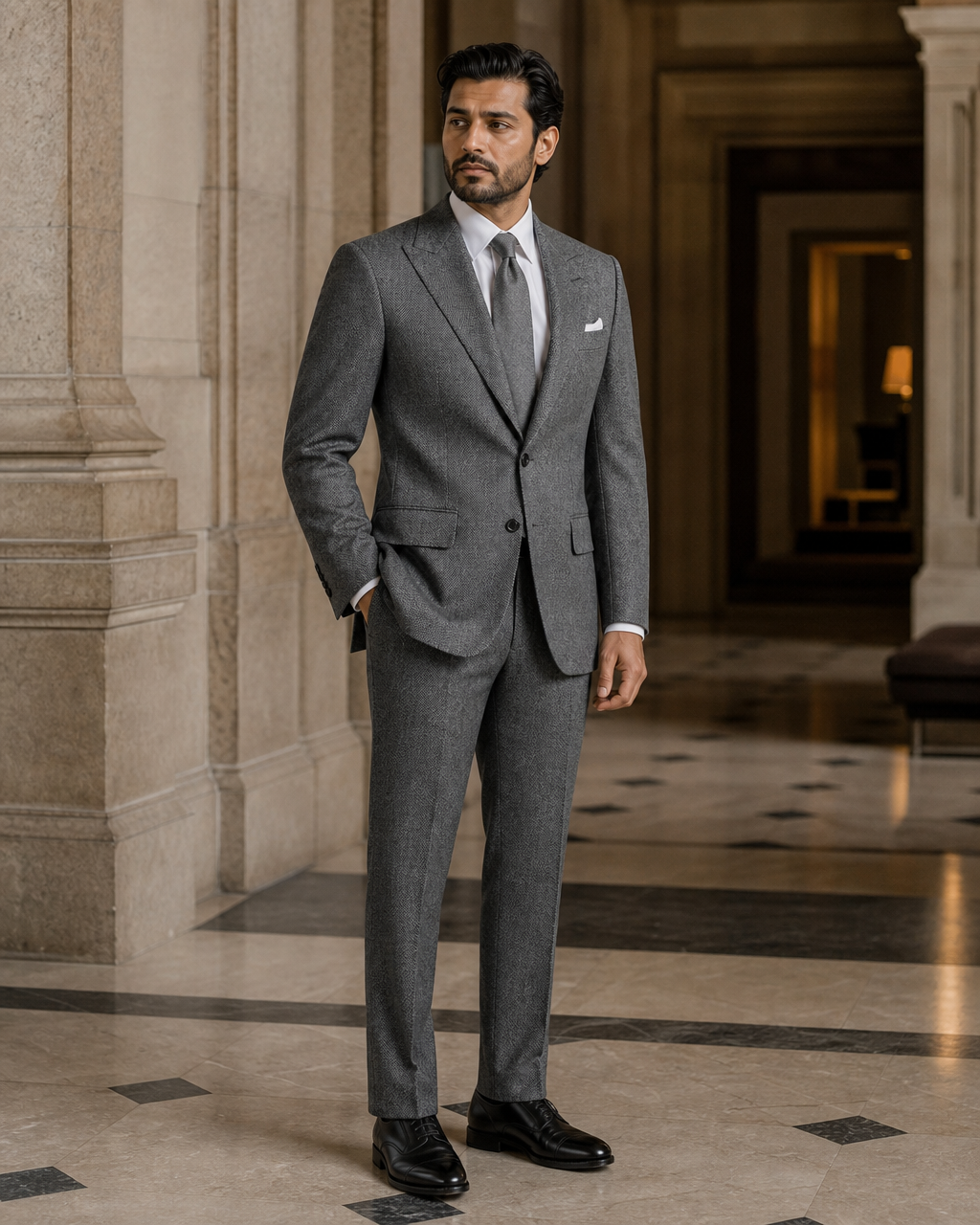 Gray Herringbone Winter Suit - Custom Made to Measure side back view
