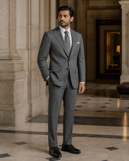 Gray Herringbone Winter Suit - Custom Made to Measure side back view
