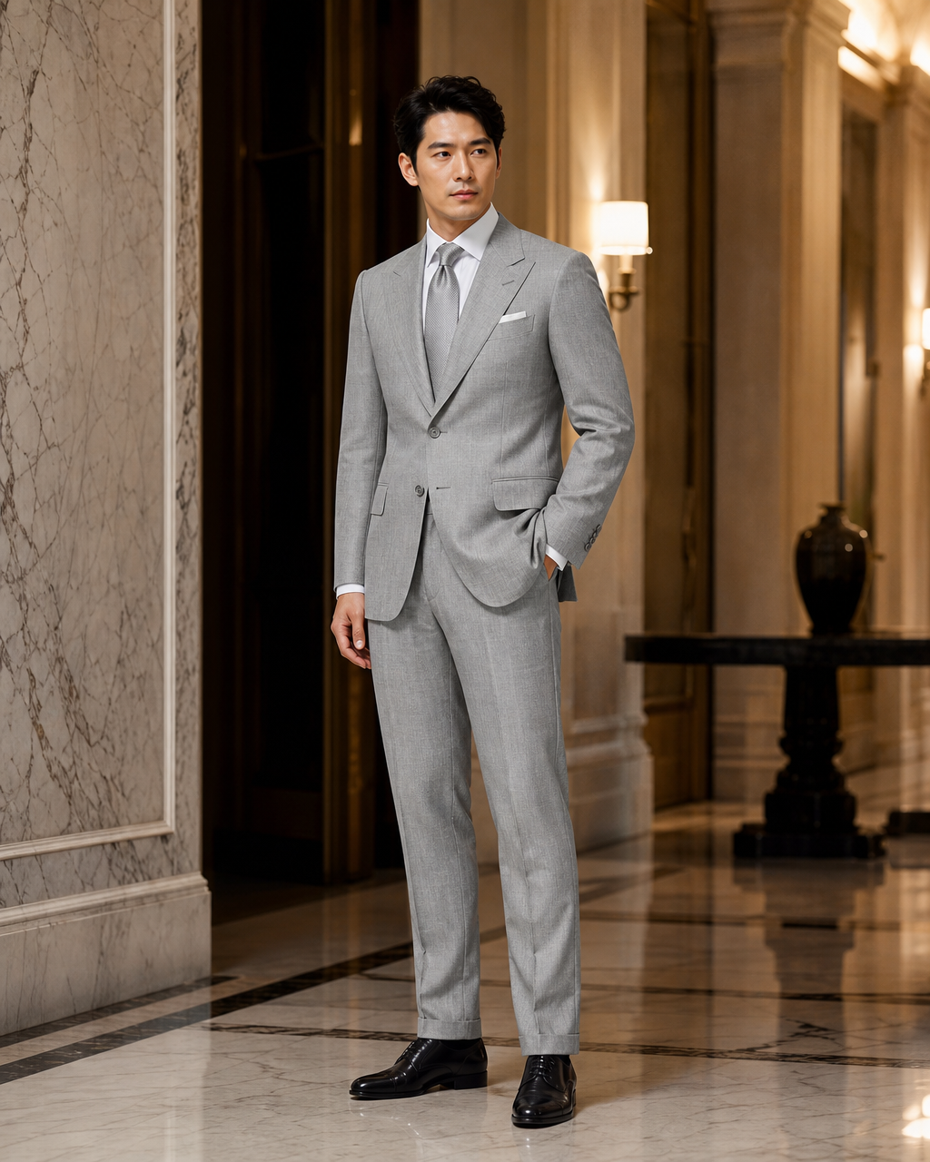 Gray Linen Beach Wedding Suit - Custom Made to Measure side back view