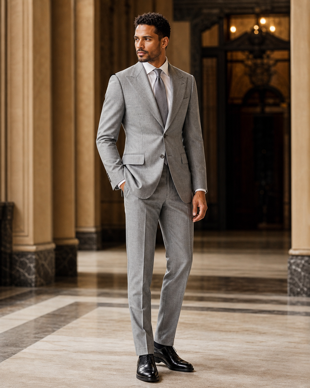Gray Linen Outdoor Wedding Suit - Custom Made to Measure side back view
