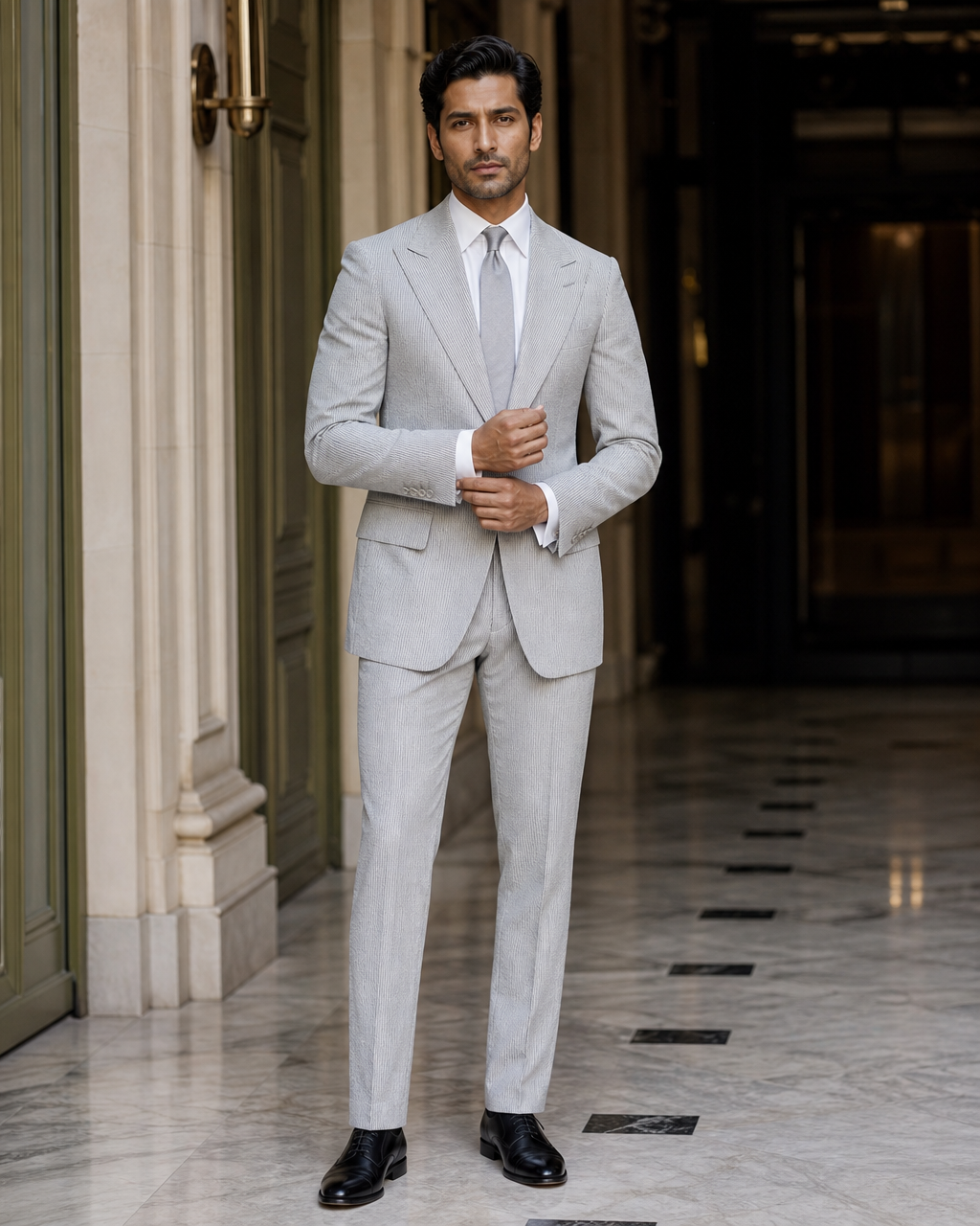 Gray Seersucker Beach Wedding Suit - Custom Made to Measure front view