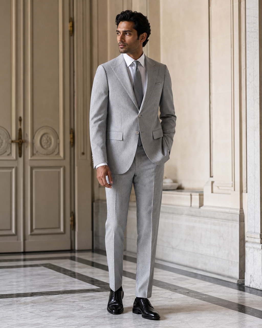 Gray Seersucker Beach Wedding Suit - Custom Made to Measure side back view